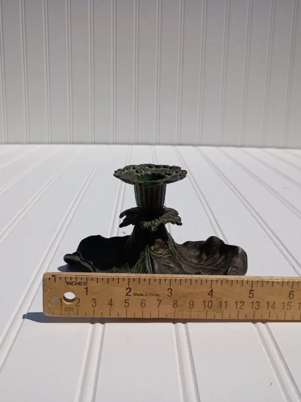 Vintage Cast Brass Taper Candle Holder Floral Leaf Verdigris Green Bronze Dish